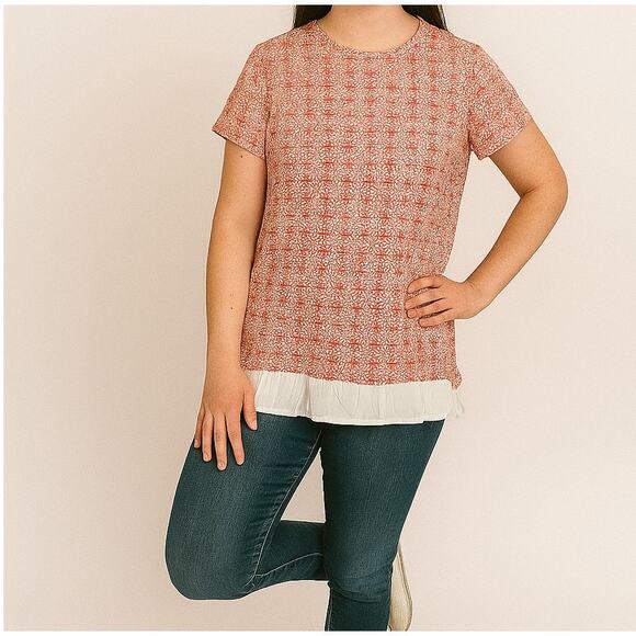 Tommy Hilfiger Womens XS Top Pink White Floral Short Sleeve Tie Neck - Picture 1 of 7